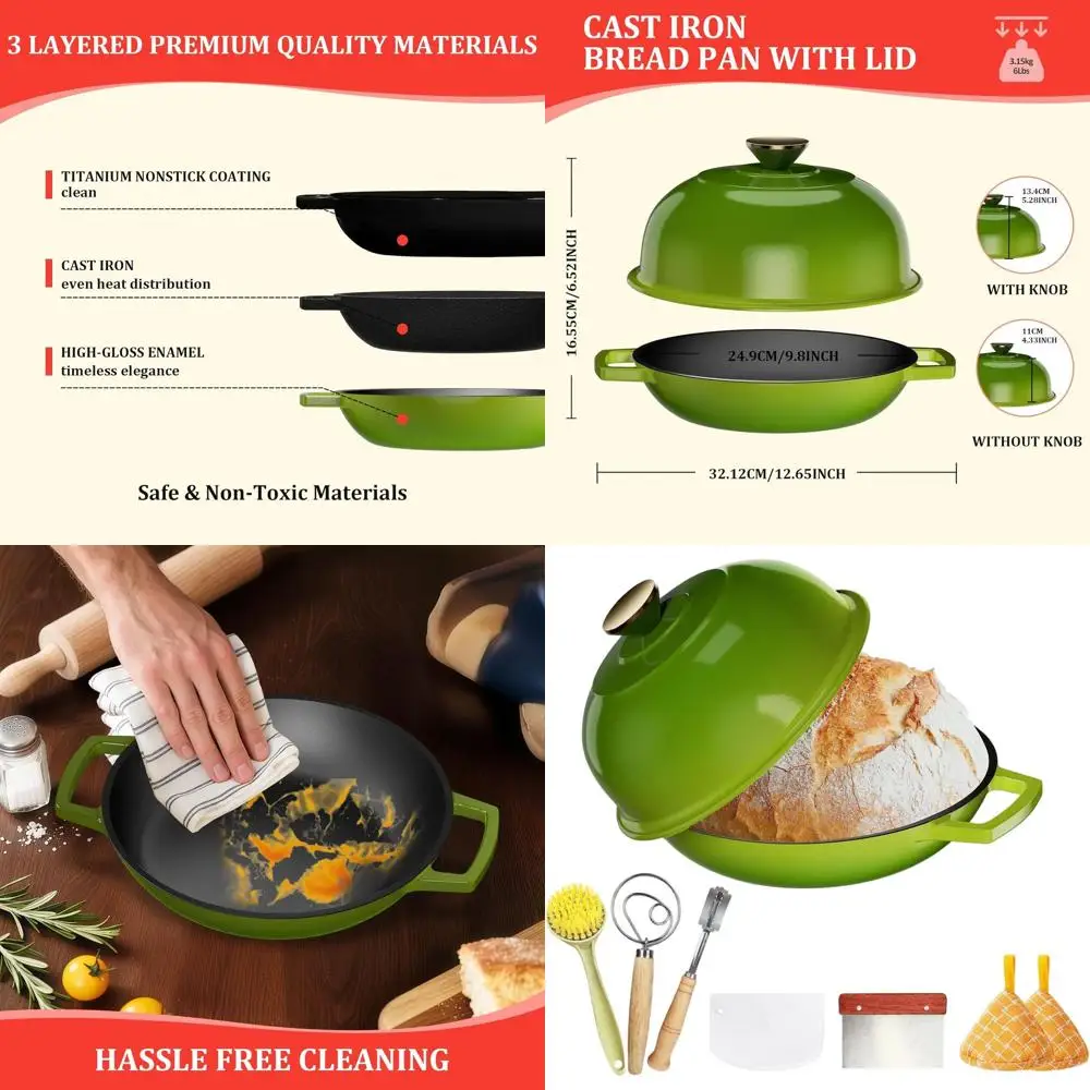 

Чугунная форма для выпечки хлеба с эмалированным покрытием и купольной крышкой, объем 5 кварт, идеальная корочка, для использования в духовке до 500 градусов ° F, Салатово-зеленый