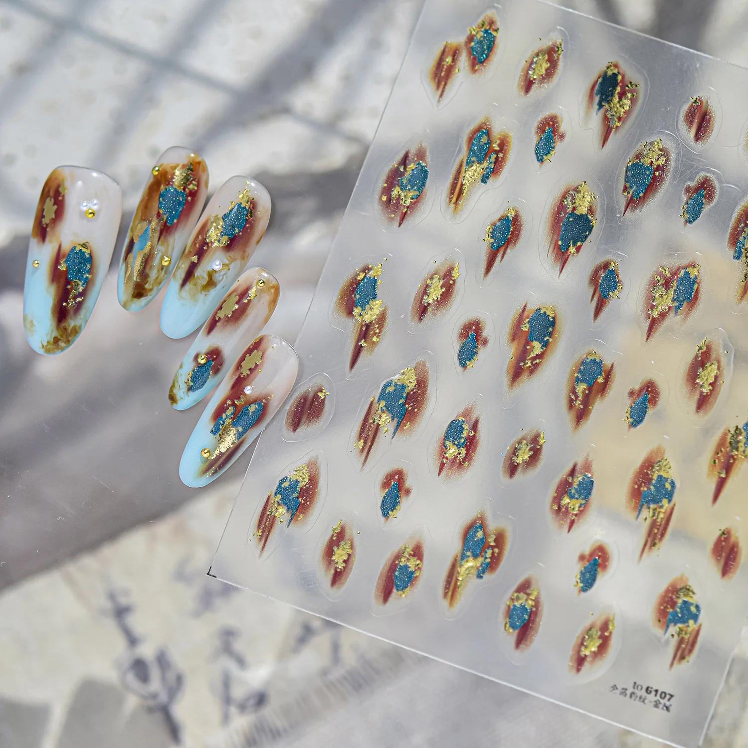 Irregular Water Drop Fragment 5D Nail Stickers Blue Brown Gold Foil Smudge Abstract Art Pattern Self‑Adhesive Nail Decoration