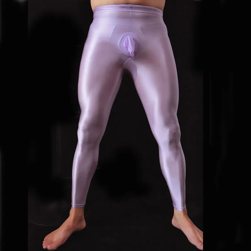 Sexy Men U Convex Pouch Pantyhose Open Close Sleeve Leggings Sheer Shiny Glossy Pants Stage Fitness Tights Candy Color