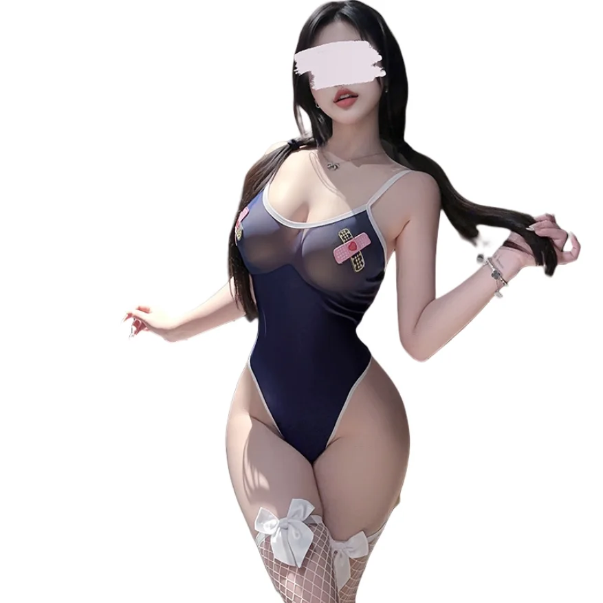 

Women's Cute One Piece Bodysuit Lingerie Solid Color Swimsuit Perspective Erotic Blackless Jumpsuit Sleepwear Schoolgirl Uniform