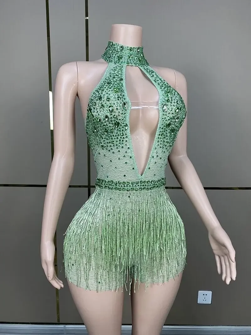 Flashing Rhinestones Tassels Green Sexy Halter Backless Sheath Bodysuit Party Celebrate Costume Dancer Prom Nightclub Stage Wear