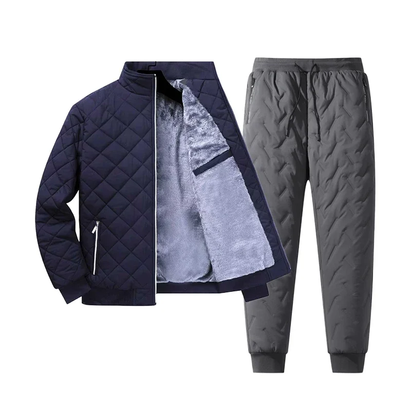 Men's Thermal Parka Zip Fleece Jacket and Sweatpants with Zip Pockets Mens Winter Warm Quilted Fleece Lined Tracksuit Set Full