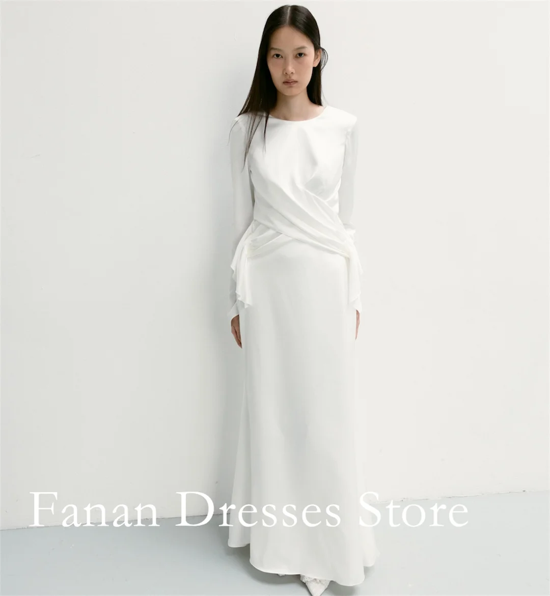 Round Neck Long Sleeve Wedding Dress Cross Wrap Waist Sash Draped Satin Maxi Bridal Gown Minimalist Elopement Wedding