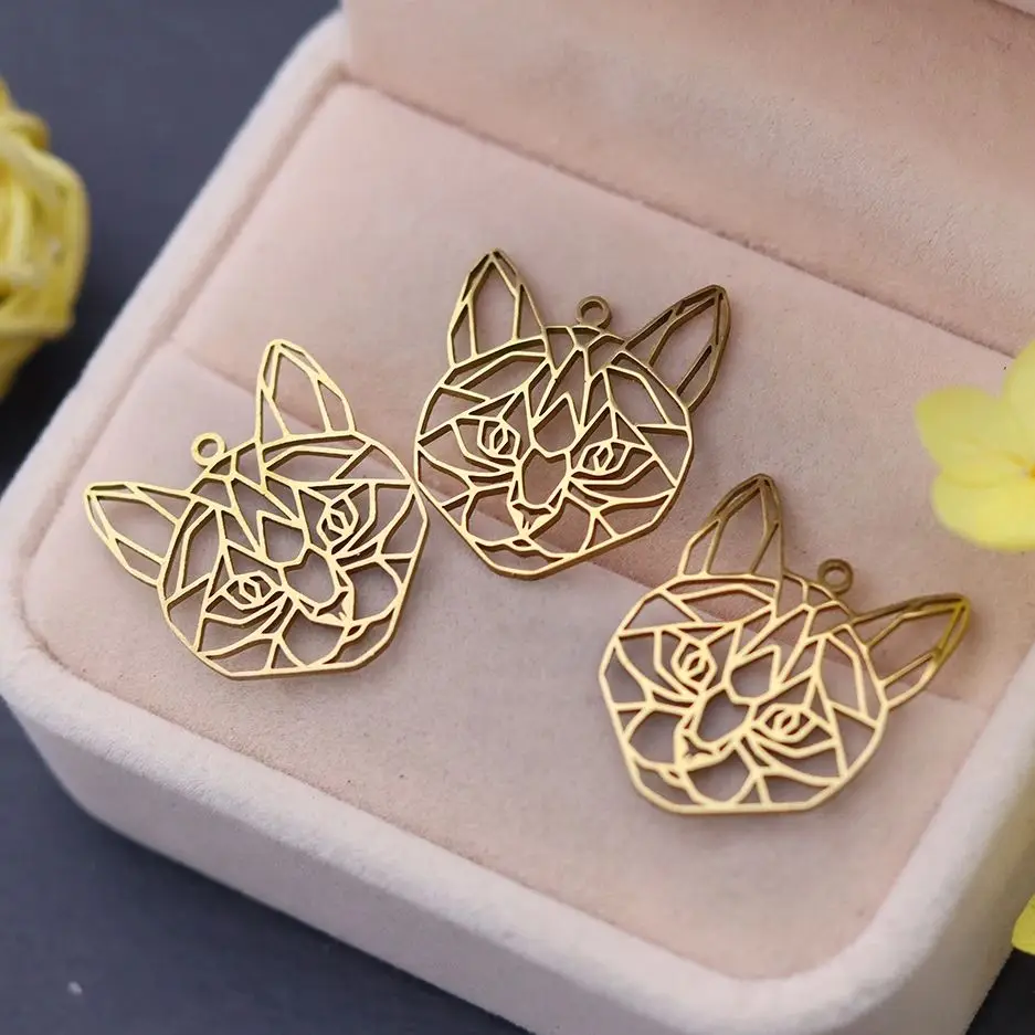 3pcs Trendy Fold Paper Cat Head Art Line Charms for Jewelry Making Bracelets Earrings Stainless Steel Pendant Handmade Supplies