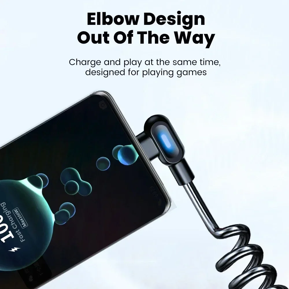 120W 6A USB C Fast Charging Cable Elbow Stretch Spring Data Cord For iPhone Samsung Xiaomi Huawei Phone Car Charge Type C Cable