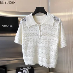 Summer New POLO Collar Hollow Out Short Sleeve Sweater Women Knit T-shirt Fashion High Street Casual Pullovers Elegant Crop Tops