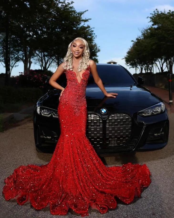 Red Sparkly Long Mermaid Evening Formal Party Dresses for Black Girl Luxury Diamond Velvet Prom Birthday Gala Ceremony Dress