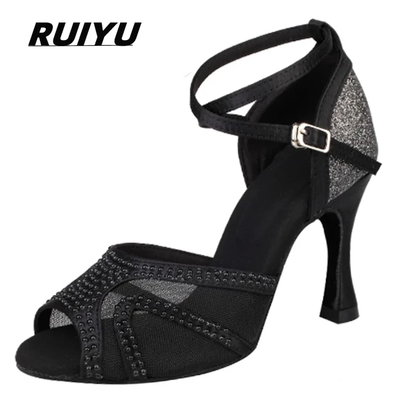 Latin Shoes Salsa Tango Ballroom Party Women's Shoes Rhinestone Black Girls High Heel Summer Sandals Outdoor Sports Shoes