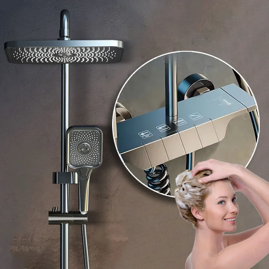 Kahnos Handmade Key Luxury Digital Display Shower Head And Faucet System Mixer Piano Mixer Bathroom Bronze Complete Shower Set