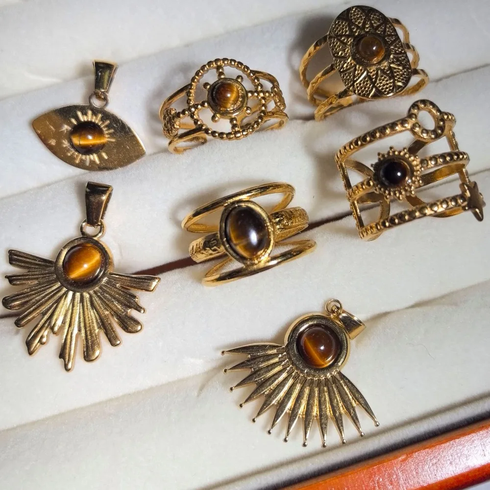Creative Natural Stone Inlay Electroplated Color-preserving Eco-friendly Tiger Eye Demon Eye Women Jewelry Ring Pendant Jewelry
