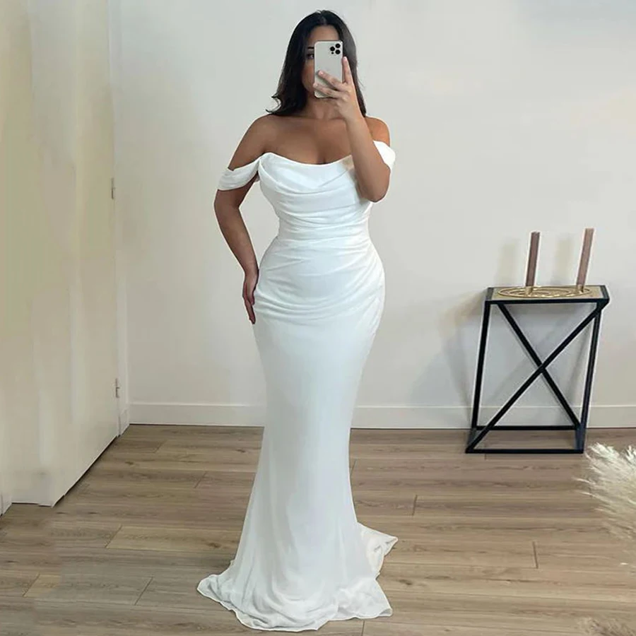 

Yipeisha Simple Off-shoulder Mermaid Evening Dresses White Ivory Chiffon Prom Gown Robe de Soiree Wedding Party Dress Plus Size