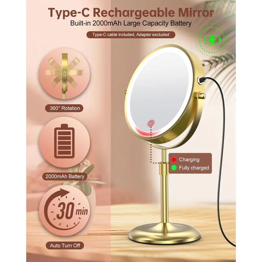 Beleuchteter Schminkspiegel mit 3 Farblichtern und 10-facher Vergrößerung, höhenverstellbarer Helligkeit, 7 Zoll 360 drehbar, wiederaufladbar