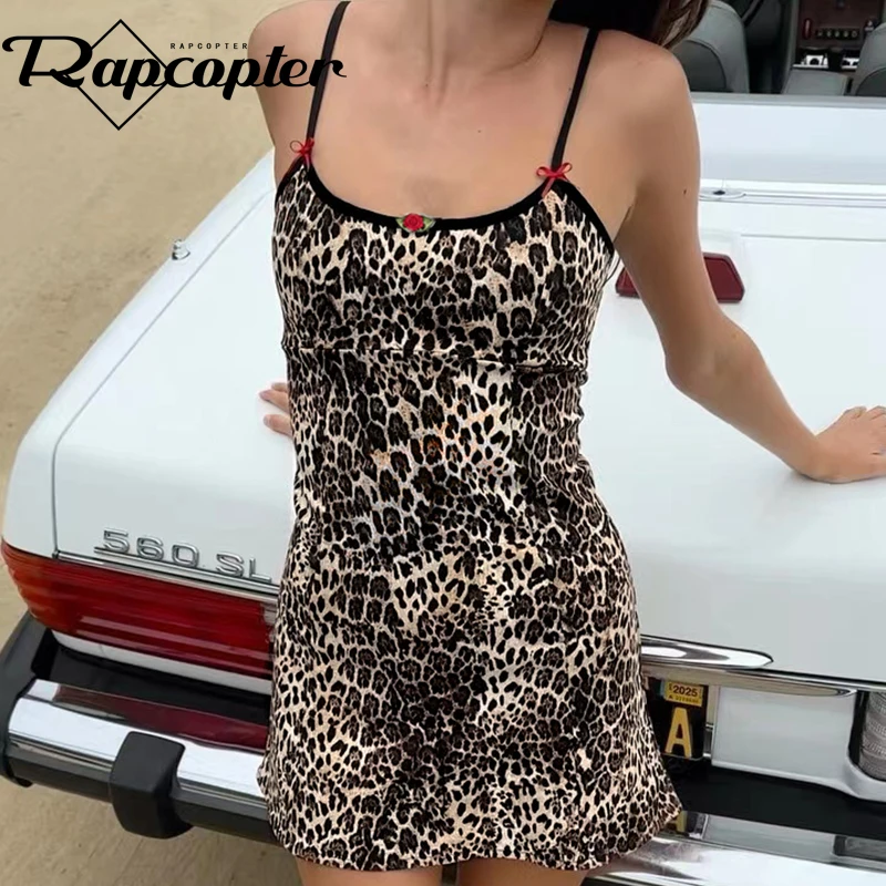 Rapcopter y2k Leopard Sundress Floral Bow Cuet Mini Dress Women Color Block Spaghetti Strap Short Dress Sexy Party Holiday Cloth