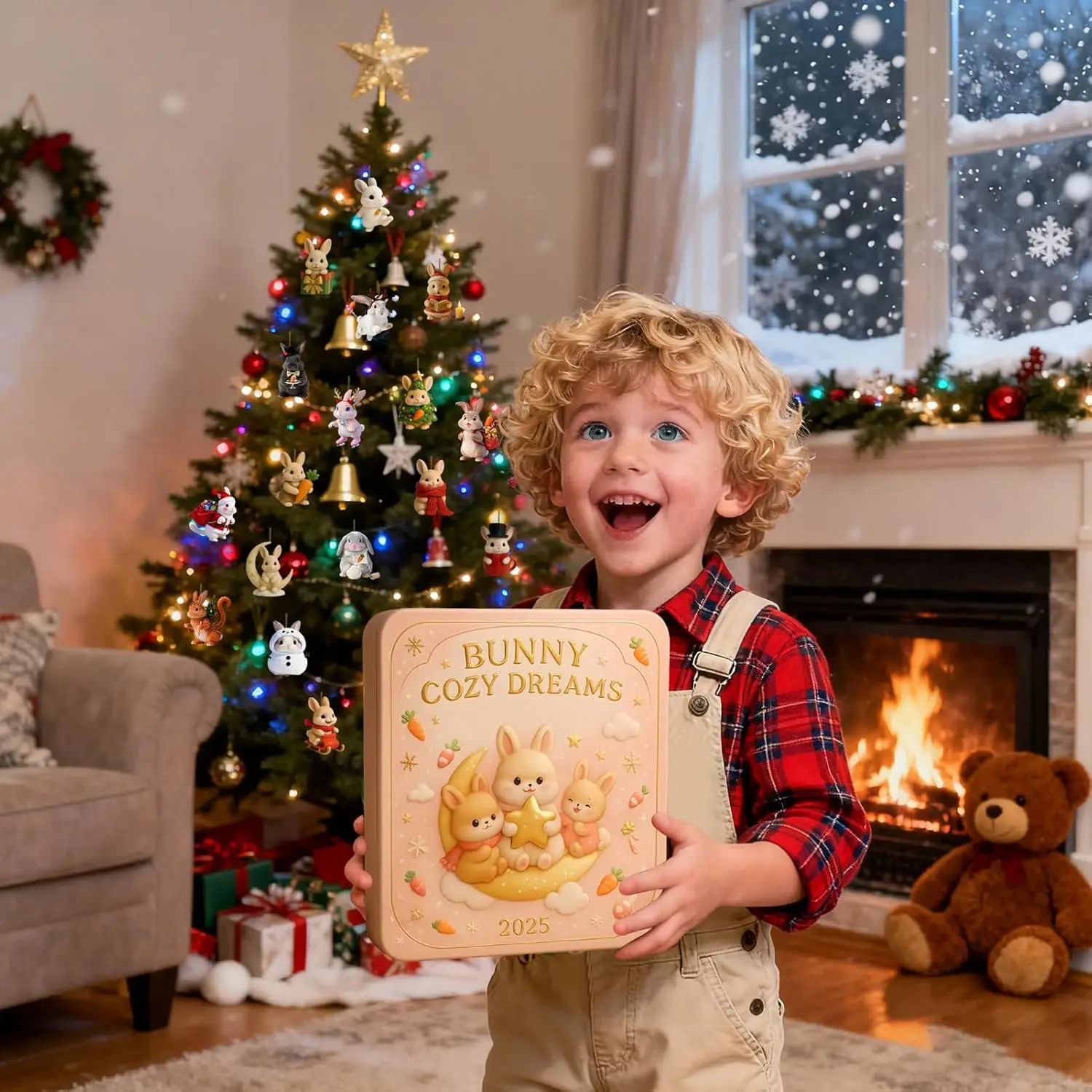 أرنب دافئ على شكل قلب دريم لاند تقويم القدوم 2025 طبعة 24 يومًا من الأكريليك أرنب زخرفة عيد الميلاد العد التنازلي التقويم