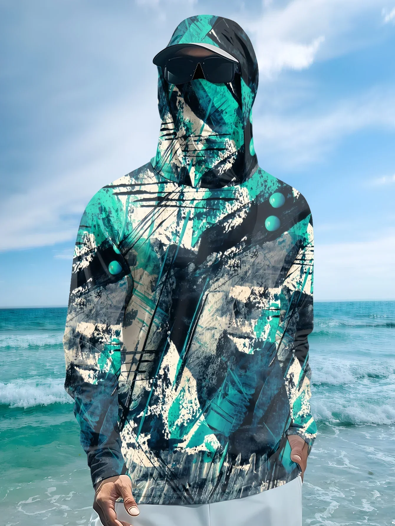 Men UPF 50+ Fishing Shirt Hooded With Face Mask Camo Print Long Sleeve Sun Protection Quick Dry Outdoor Fishing Tops