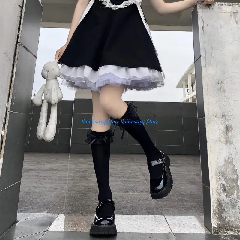 

573B Japanese Preppy Women Girls Knee High Socks Sweet Ruffled Lace Trim Ribbon Bowknot Maid Student Uniform Calf