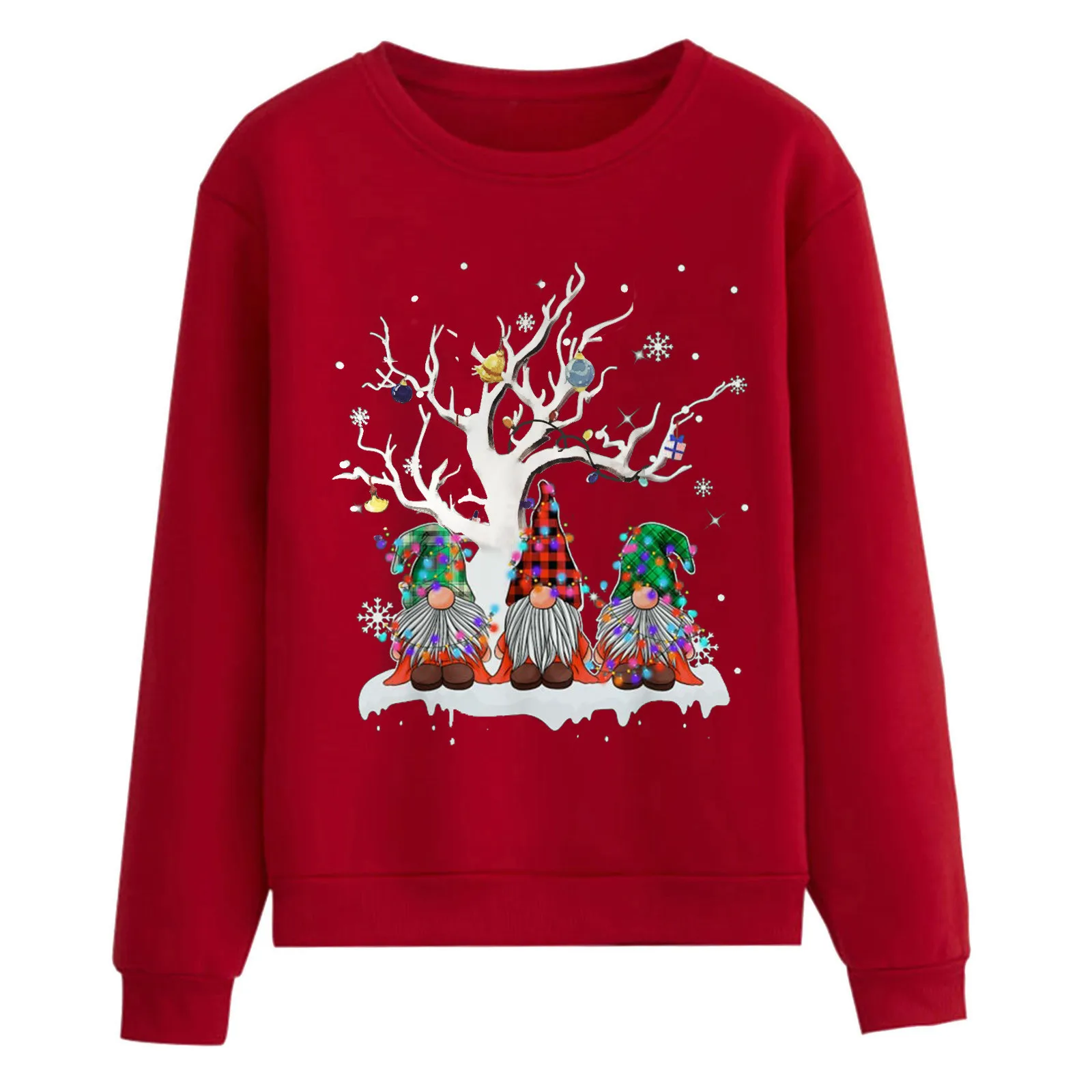 Christmas Women\'s Long Sleeve Sweatshirt Top Casual Crew Neck Xmas Tree Gnome Pullover Sweatshirts Party Wear Blouses