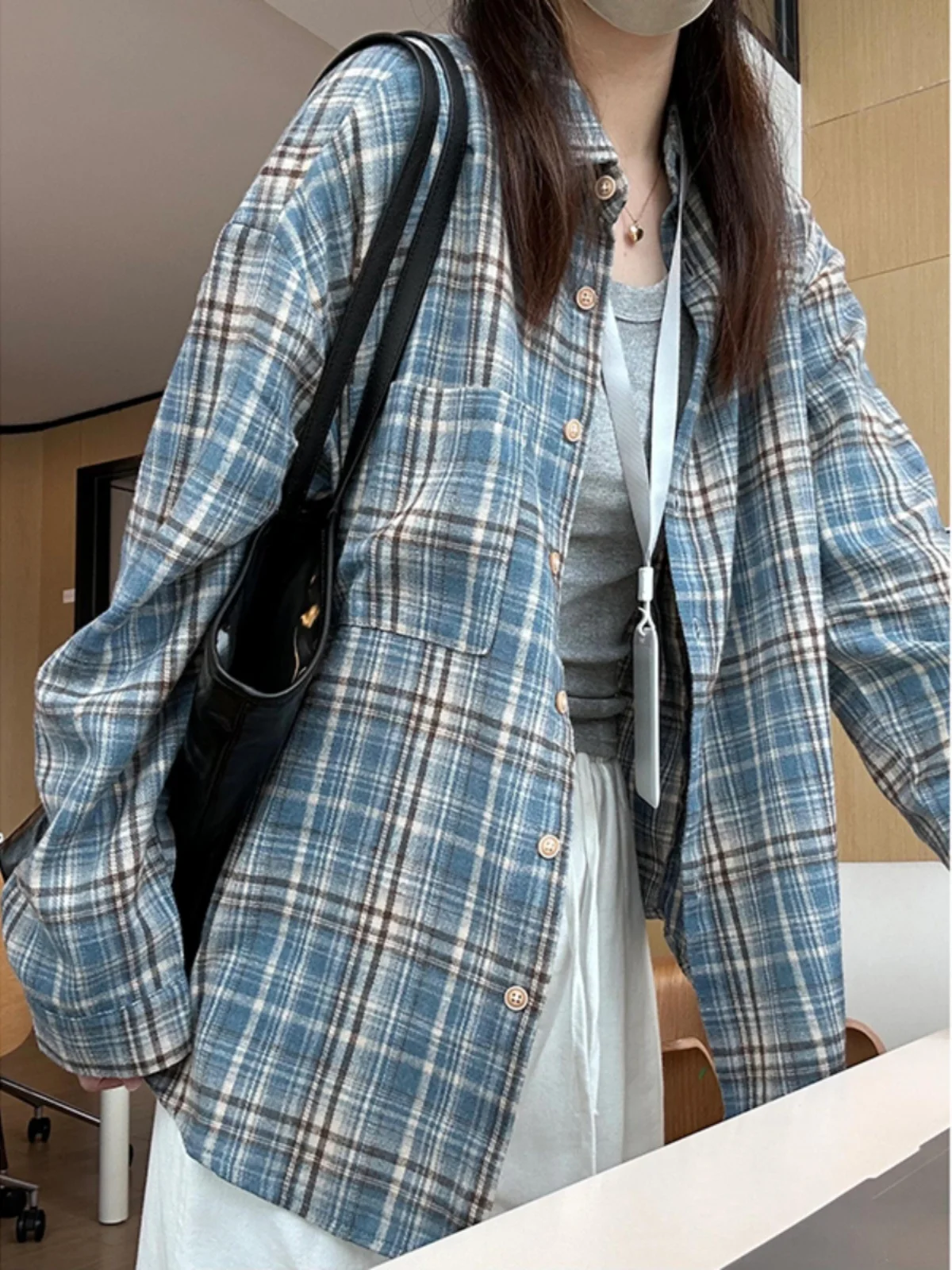 

Blue Plaid Long Sve irt Jaet Men's Casual American Retro Early Autumn Laid-ba Sle Faion Brand Loose Fit Youth Trend