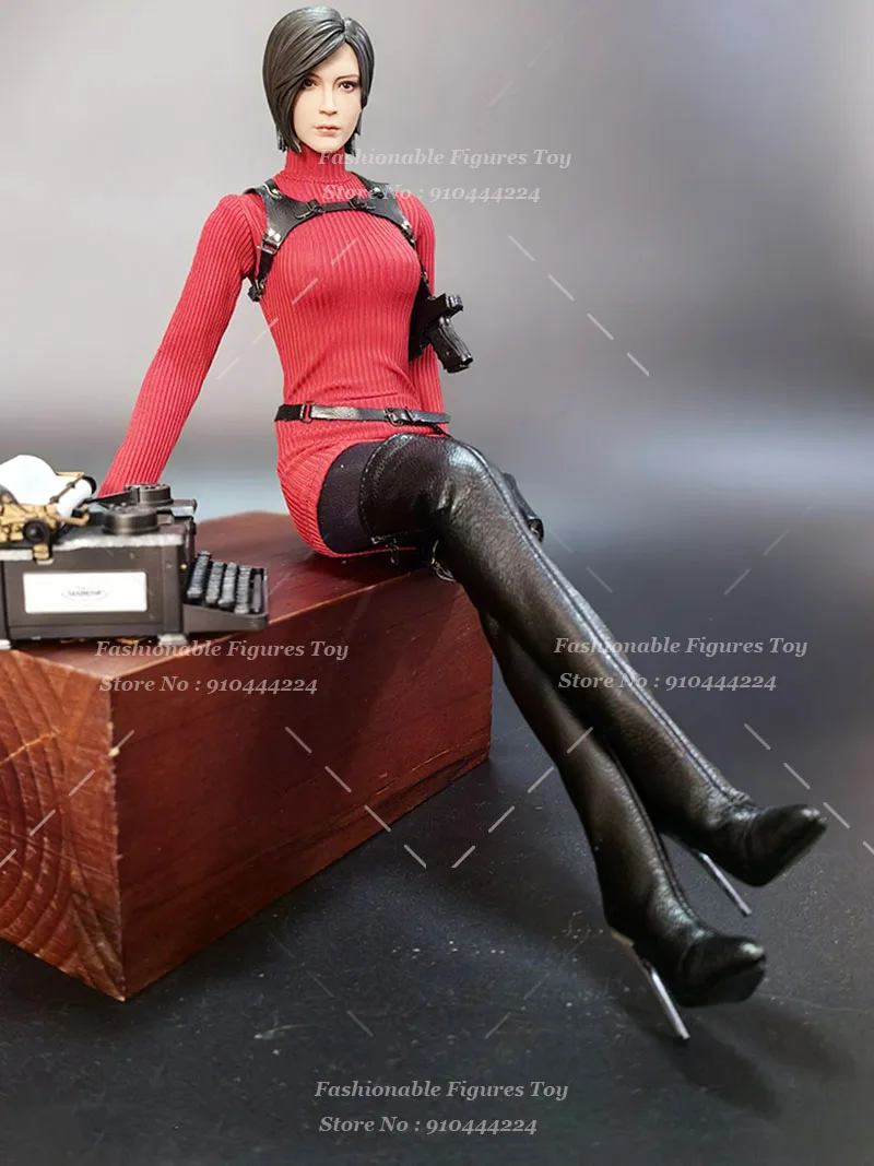 1/6 النساء الجندي آدا وونغ الأحمر عالية الرقبة فستان طويل الأكمام سترة أحذية سوداء برقبة ملحق صالح 12 بوصة عمل نموذج لجسم اللعب
