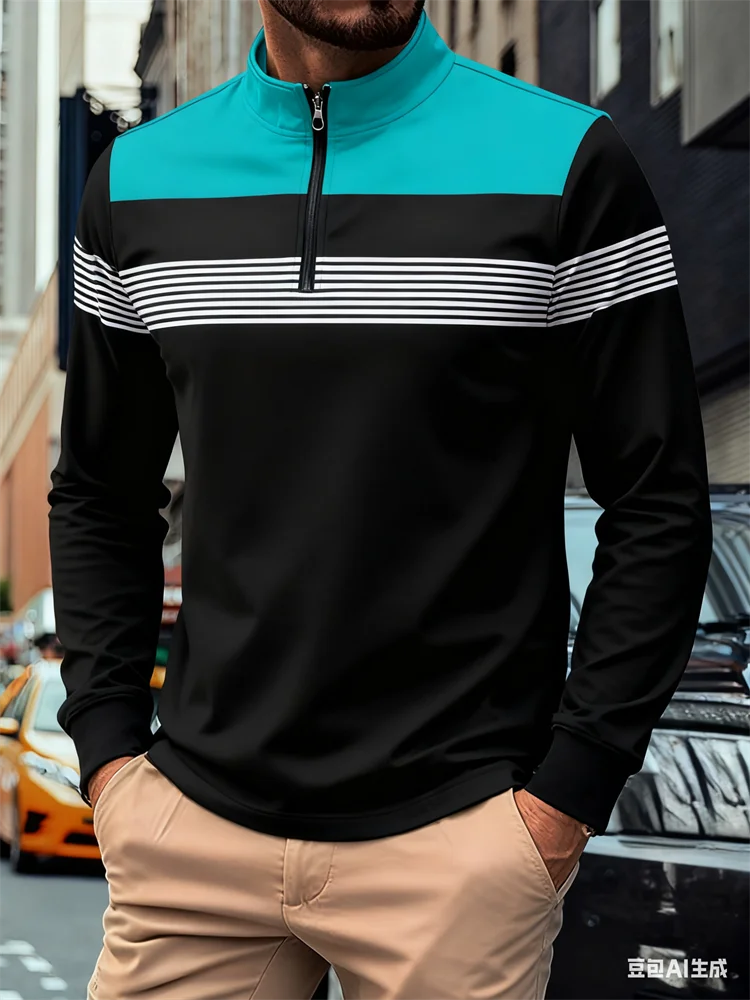 

Men's Half-Zip Stand Collar Shirt Business Casual Minimalist Stripe Long Sleeve Tops Autumn Winter Fashion Sweatshirt Clothing
