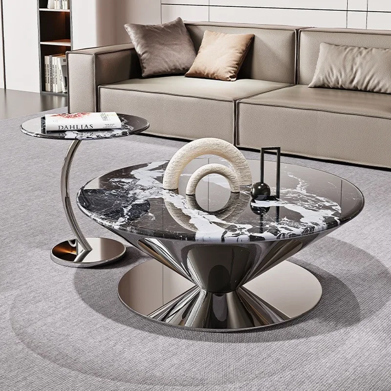 Light luxury stone flying saucer coffee table suspended mirror stainless steel living room coffee table minimalist natural marbl