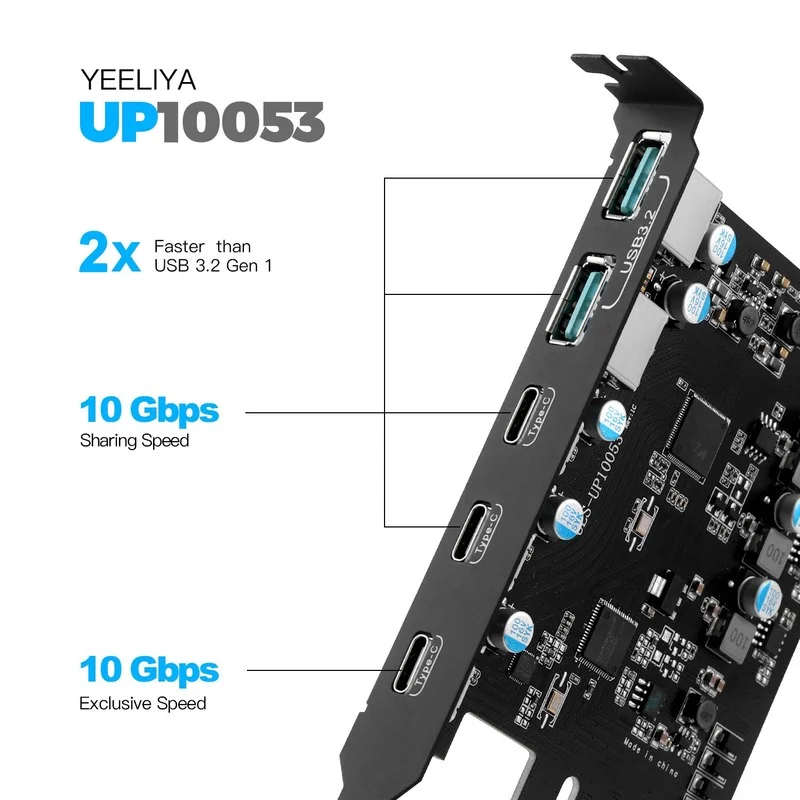 PCI-e USB 3.2 Card 20 Gbps Gen 2 with 5 Ports (USB-A -USB-C) Super-speed Splitter Adapter for Windows