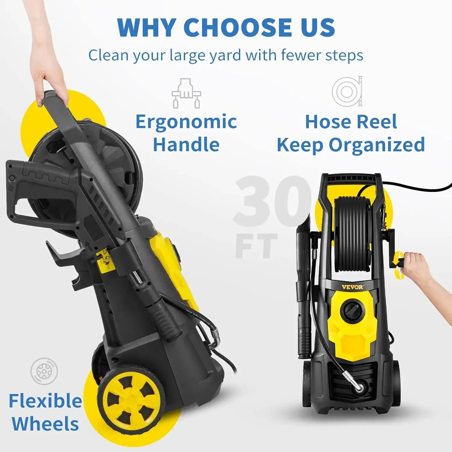 

Electric Pressure Washer, 2000 PSI, Max 1.65 GPM Power Washer w/ 30 ft Hose & Reel, 5 Quick Connect Nozzles, Foam Cannon