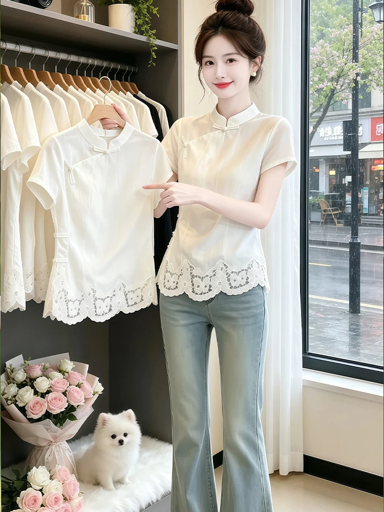 

New Chinese Style White Casual Shirt Women's Fashion 2026 Summer Waist-Cinching Slimming Button-Up Traditional Design