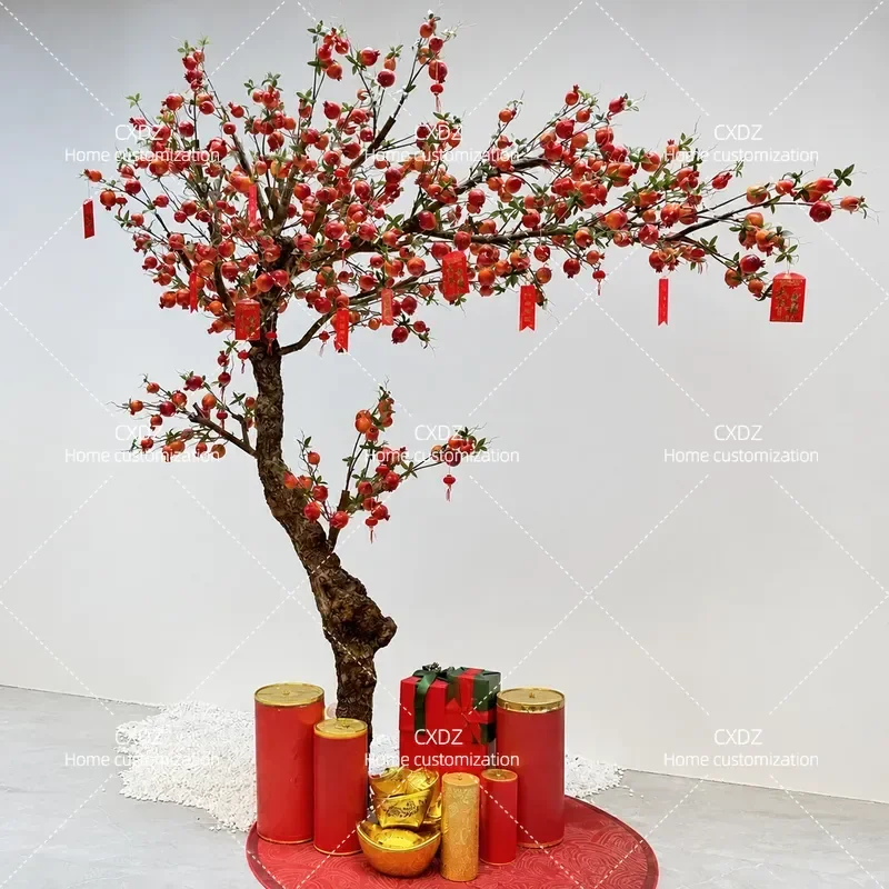 Simulation Pomegranate Apple Persimmon Lemon Fruit Tree Artificial Indoor Decor Props for Stage Live Broadcast Housewarming