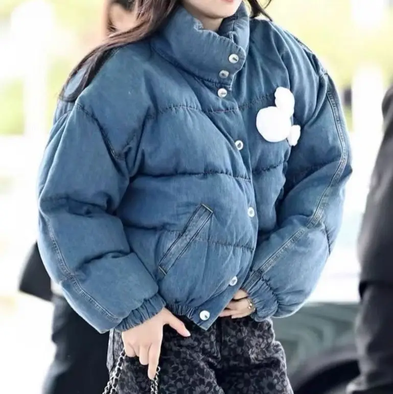 

Winter New Retro-style Denim Cotton Coat Ski Suit Short Stand-collar Down Jacket