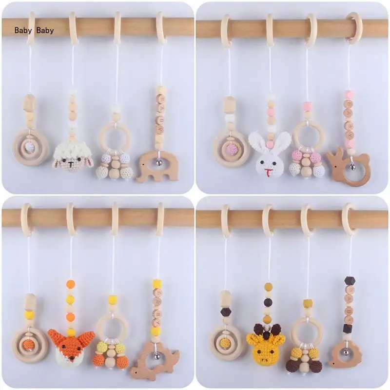 

Baby Beech Hanging Pendants 4pcs/set Knitting for Doll Ring Teether Teething Nursing Rattle Toy for Stroller Gym Newborn