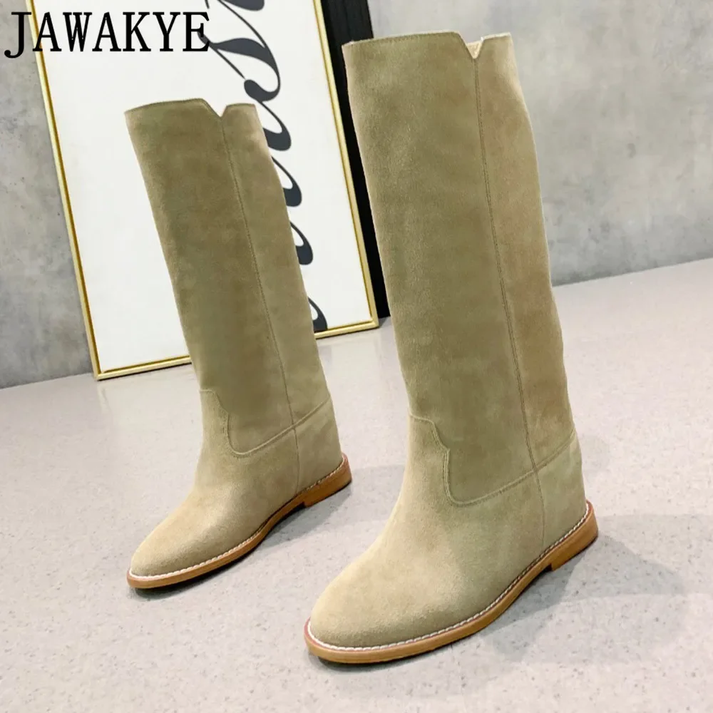 Winter New arrival knee high boots Women's inner wedge High Heel Knight Boots Camel Black Suede Leather Knee Boots Runway 2022