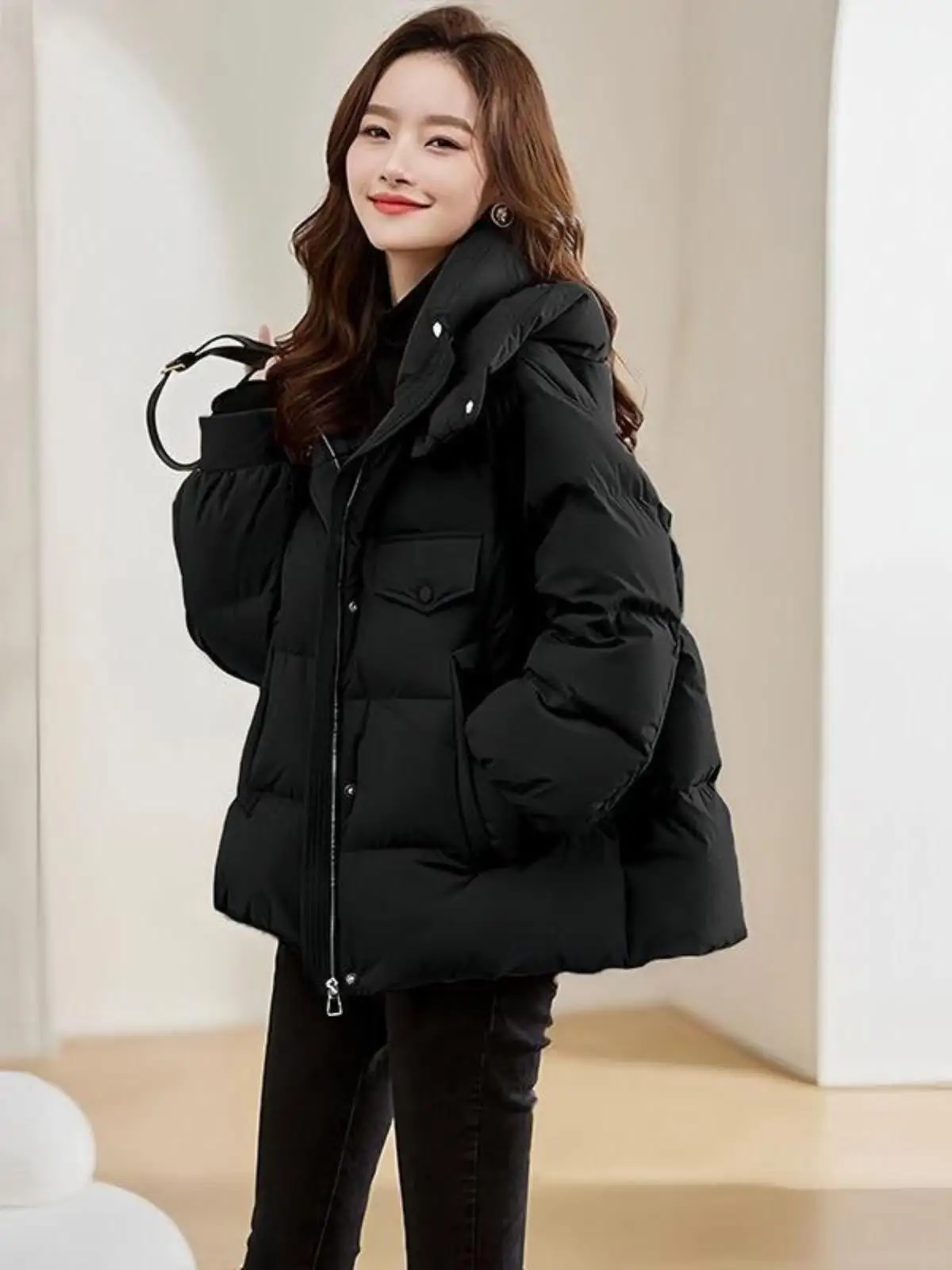 

Fashionable Hooded Short Cotton Jacket Loose Fit Thickened Stand Collar Matte Winter Warm Coat for Women by Yang Jing