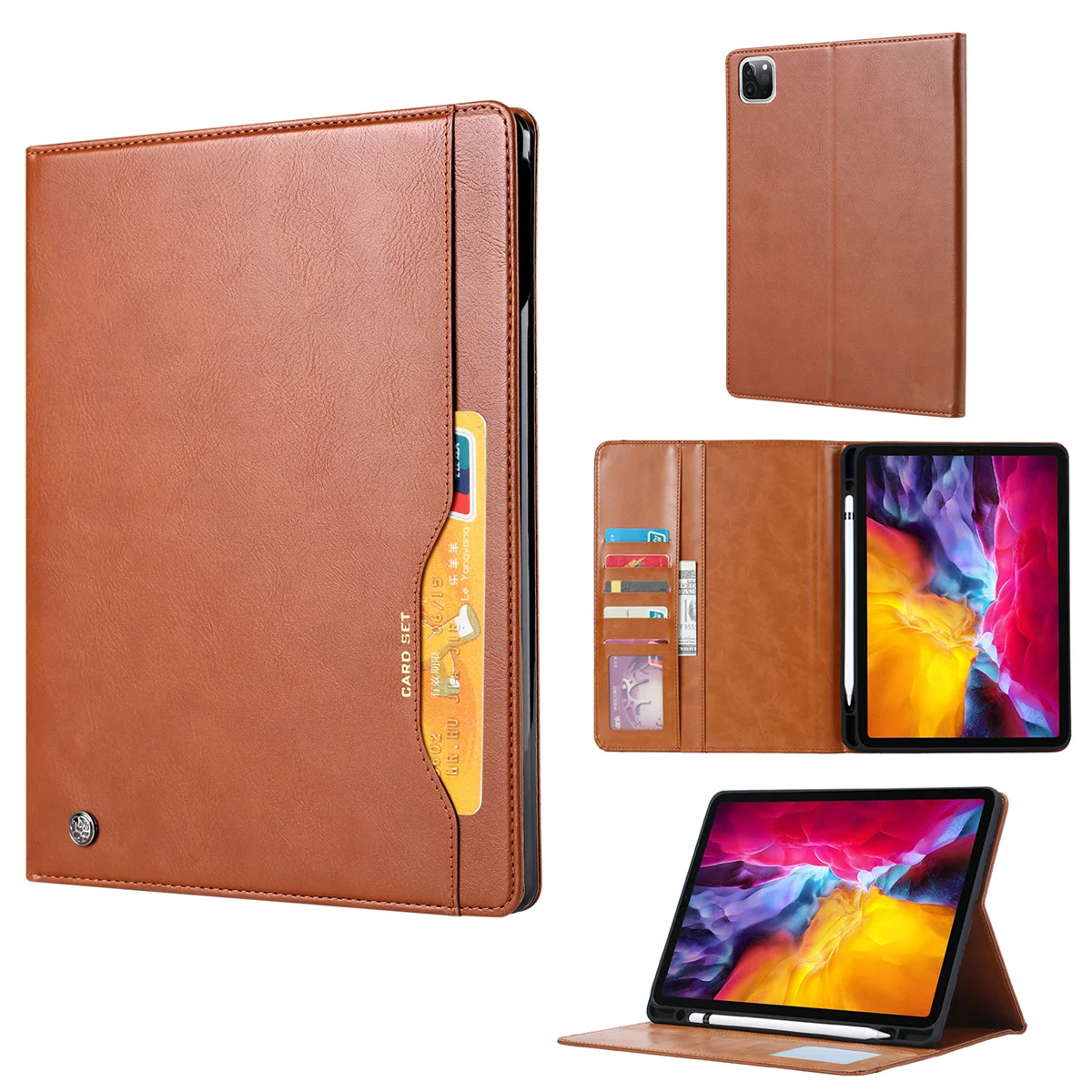 Luxury Leather Texture Business Card Holder Flip Case for iPad Pro 12.9 2022/2021/2020/2018 Magnetic Flip Cover with Pen Slot