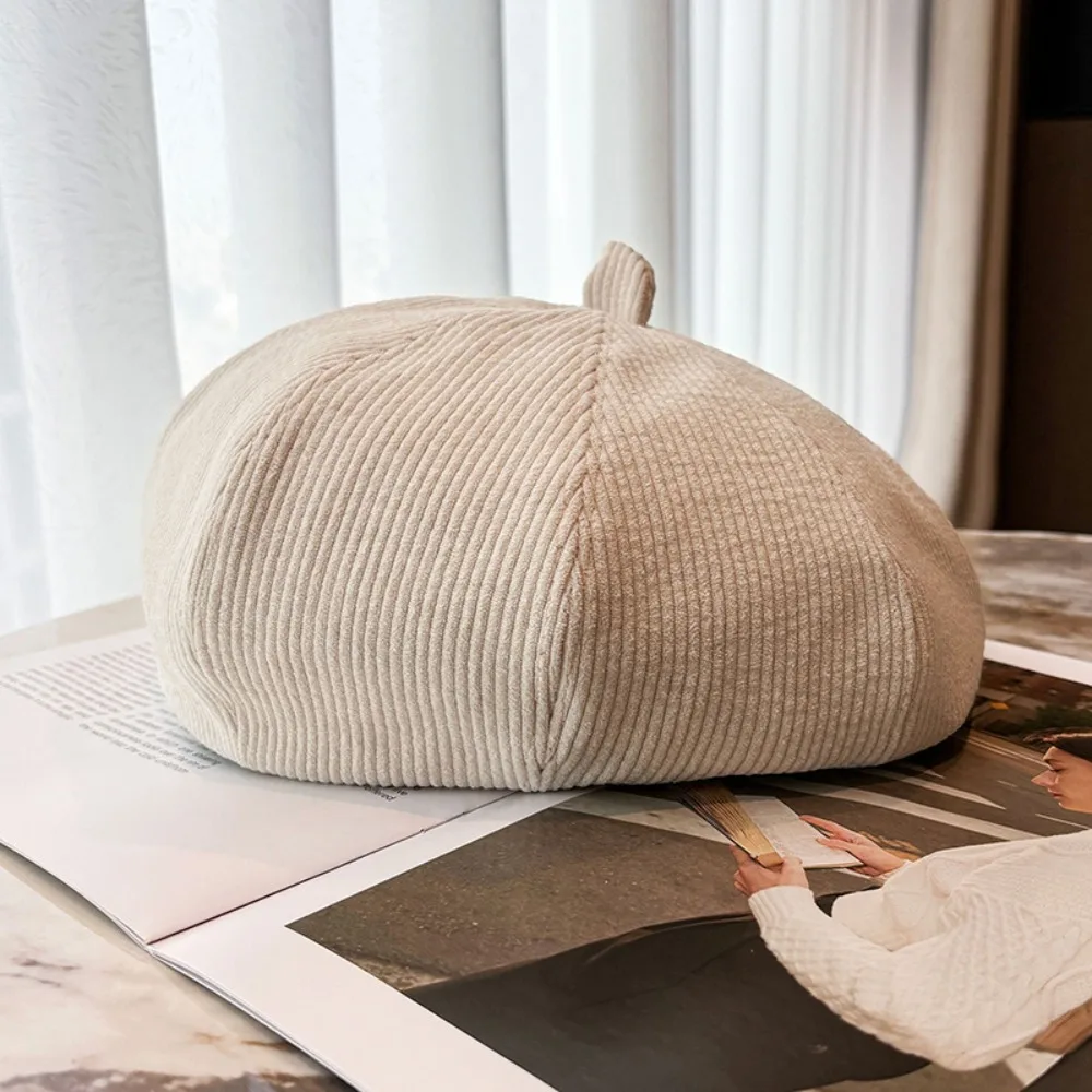 Casual Retro Beret Hat Artistic Solid Color Painter Hat Warm Adjustable Corduroy Hat for Women