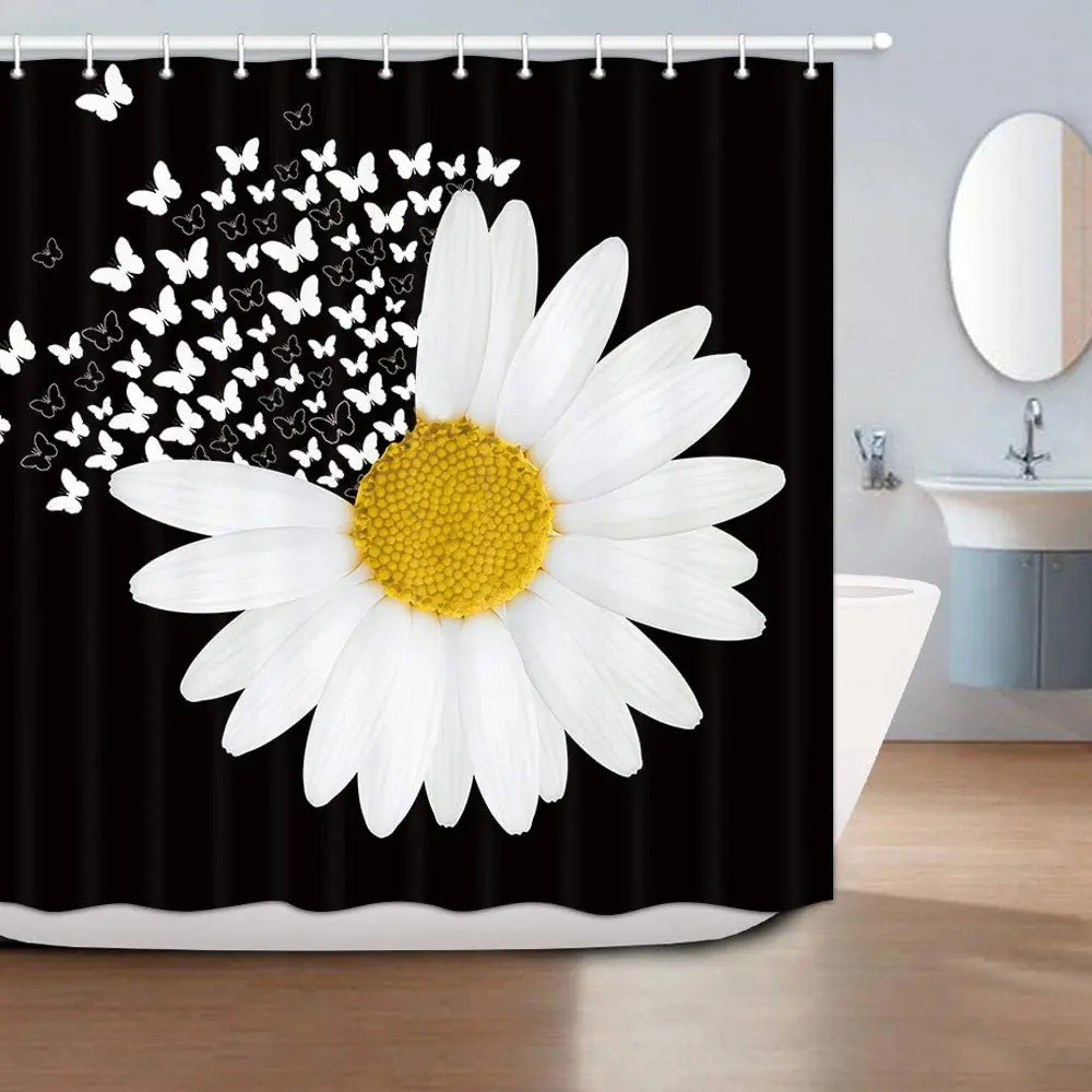 Butterfly Daisy Flowers Shower Curtain Yellow Flower Fabric Shower Curtain with Hooks Black White Bathroom Bath Curtains