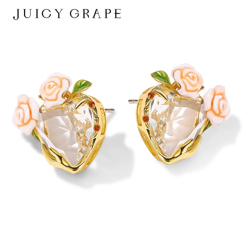 

Women's Handcrafted Enamel Champagne Rose Stud Earrings with Sterling Silver Posts Pearl Fringe Gemstone Jewelry for Wedding