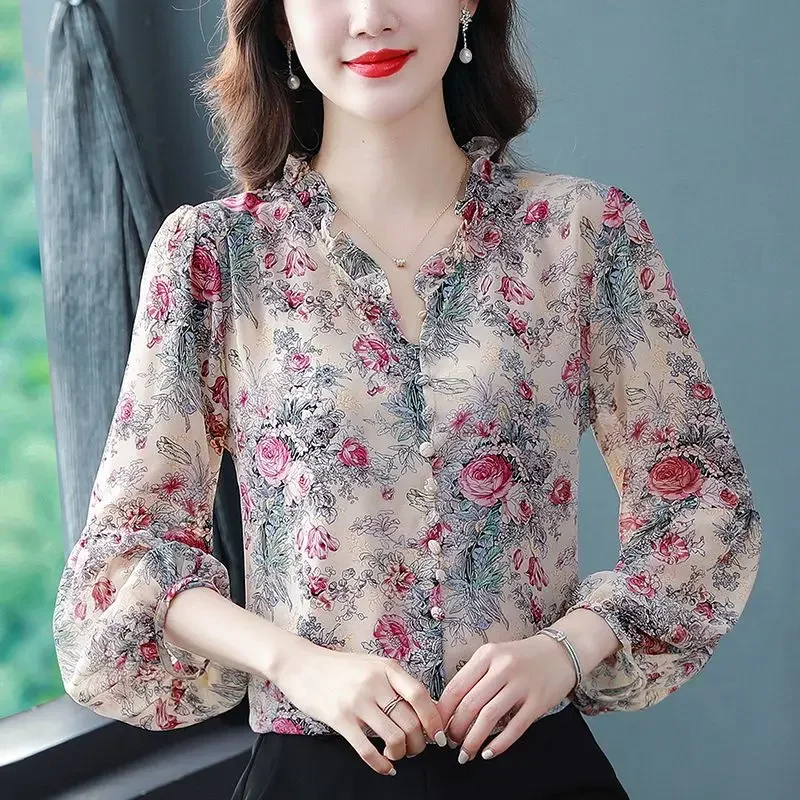 

Commute Spring Summer New Shirts Women Patchwork Printed Button V-Neck Loose Floral Nine Quarter Chiffon Blouses E484