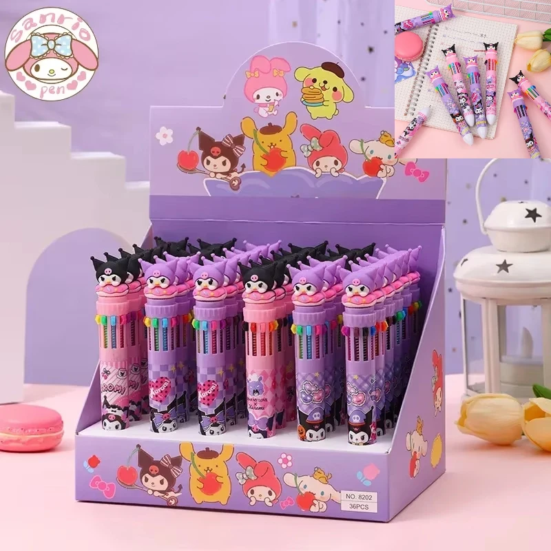 

36pcs Gel Pen 0.7mm 10-color Multicolor Pen Cartoon Sanrio Kuromi Students Learn Stationery Press Write Ball Pen Office Gift