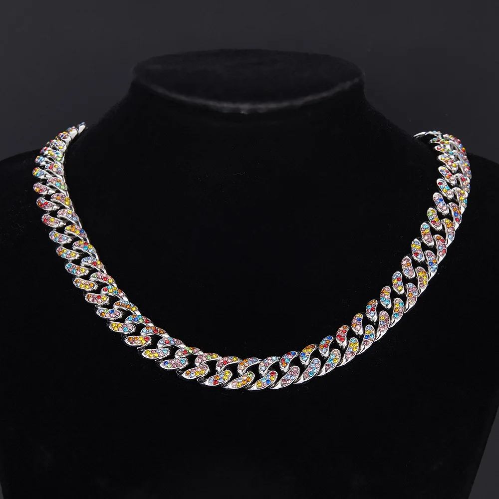 HIP HOP 13MM Colorful Cuban Link Chain 2Row Iced Out Rhinestones Rapper Necklaces Bracelet For Men Women Choker Jewelry