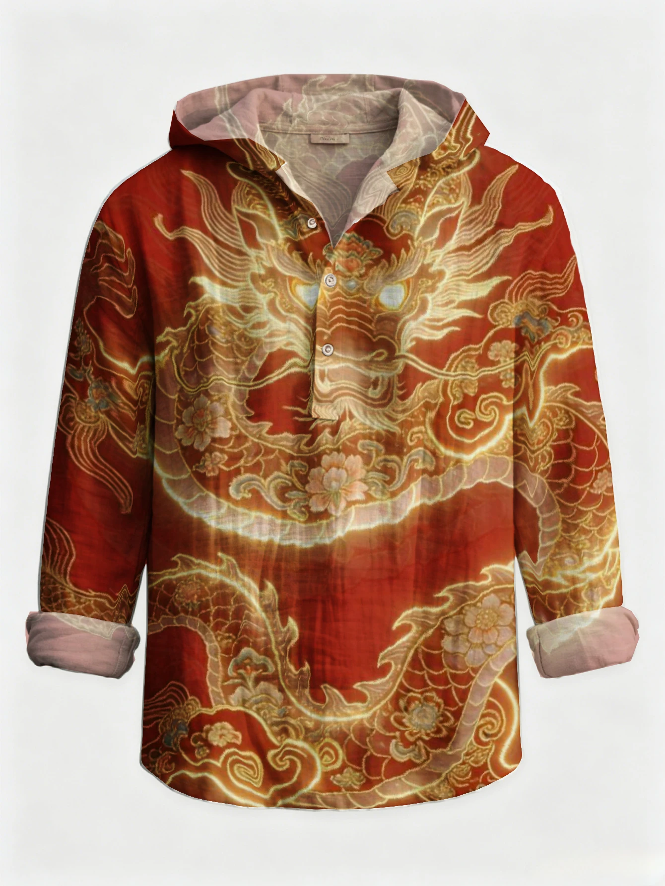 Men Vintage Chinese Golden Dragon Art Print Hooded Henley Shirt Long Sleeve Half‑Button Placket Loose Oriental Style Casual Tops