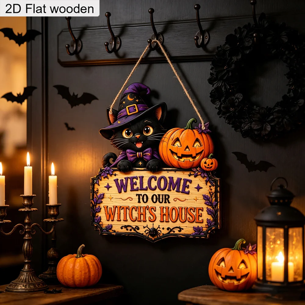 Welcome To Our Witch's House Wooden Hanging Sign,2D Flat Wood Cutout Plaque,Black Cat Pumpkin Wall Door Hanger for Halloween Hom