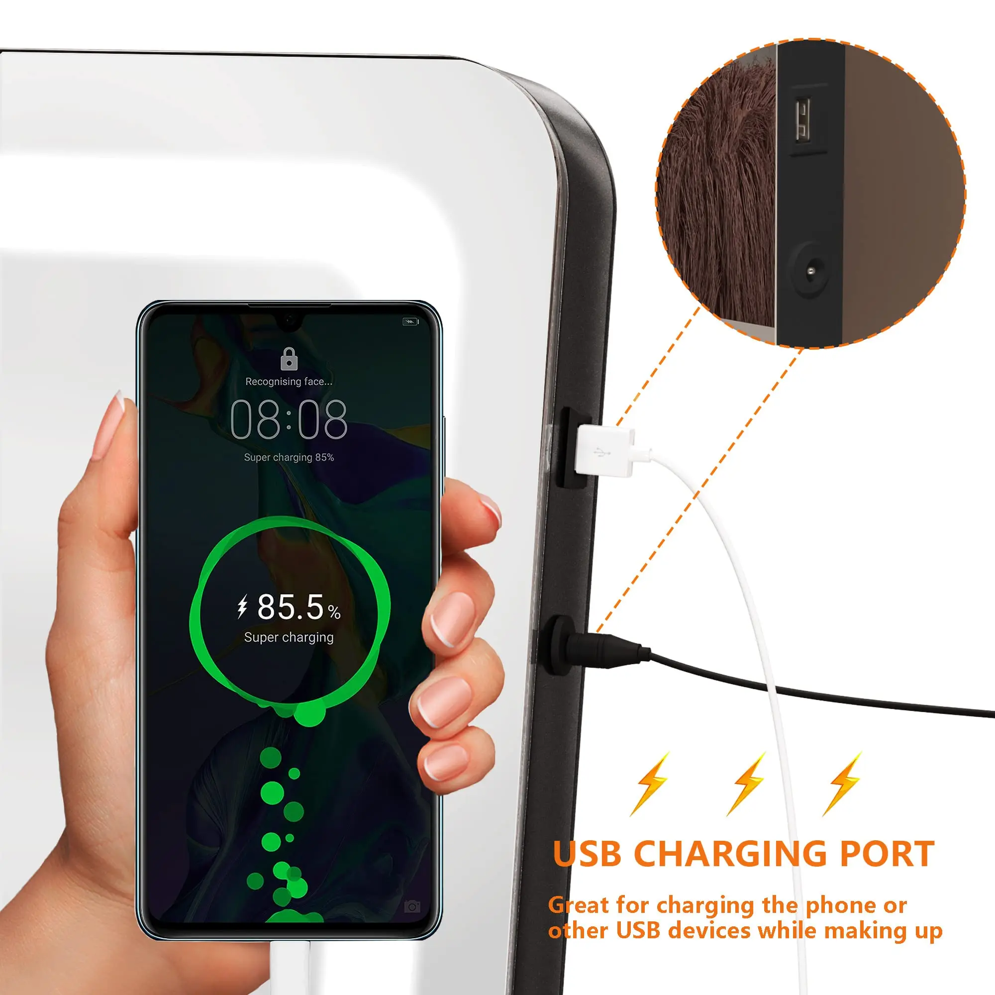 Hasipu Miroir de courtoisie LED 24,2 x 19,7 pouces avec grossissement 10X, port de chargement USB, Smart Touch 3 couleurs réglables, 360 °   Rotation