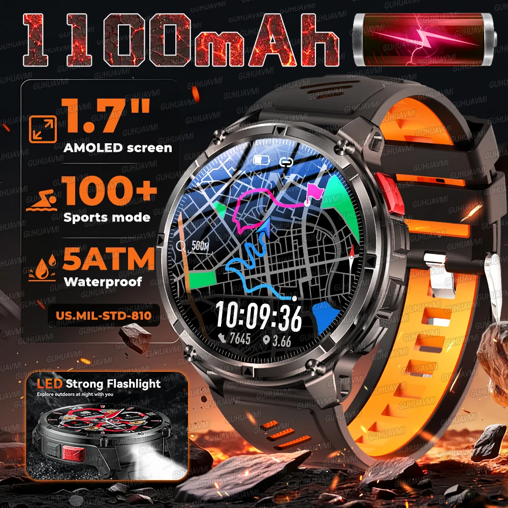 

2026 Новые военные спортивные умные часы на открытом воздухе 1,7 "HD AMOLED-экран 1100 мАч 30-дневный светодиодный фонарик Беспроводные умные часы с вызовом