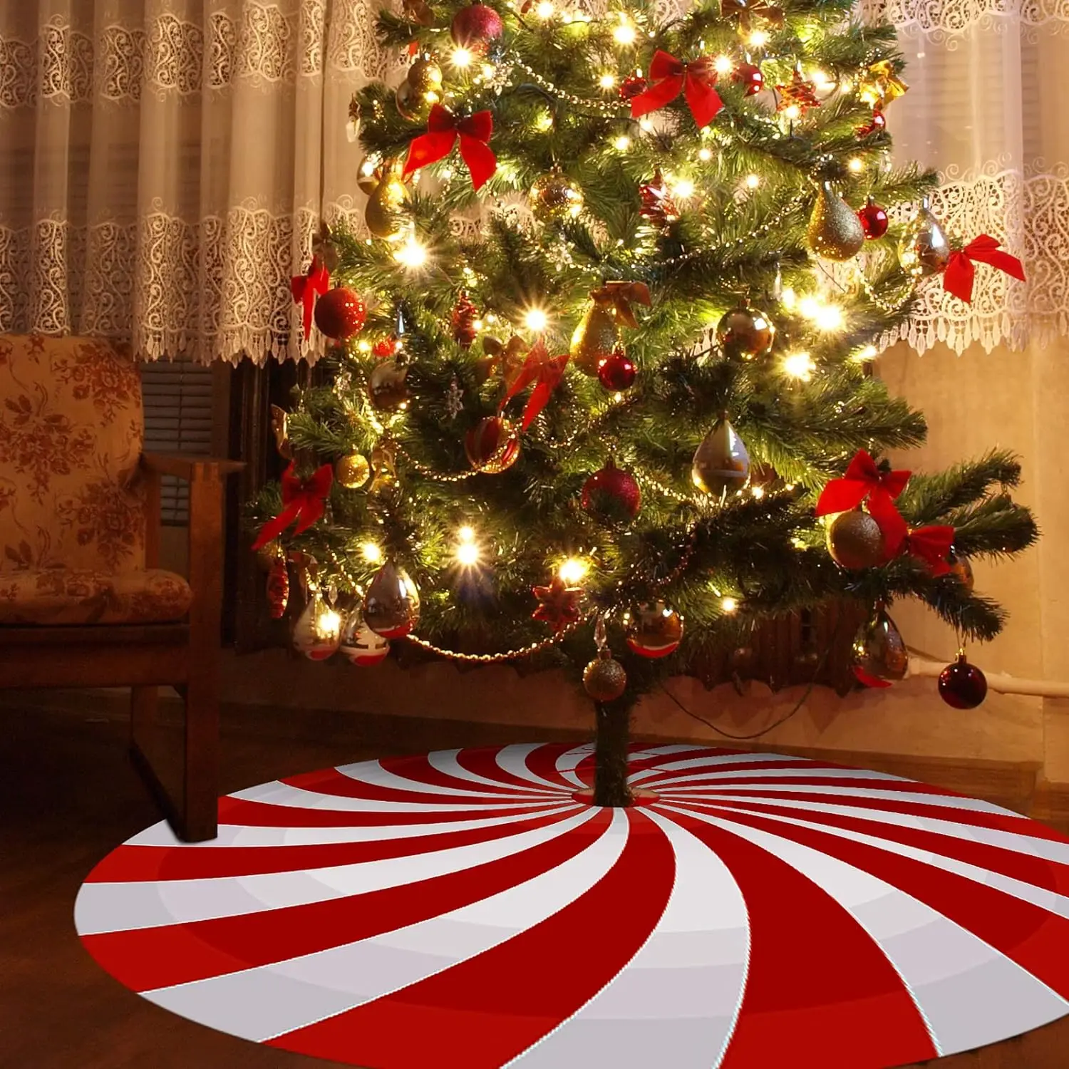 Christmas Tree Skirt 48 Inch Merry Christmas Red and White Candy Mint Sugar Double Swirl Candy Large Xmas Tree Mat for Holiday