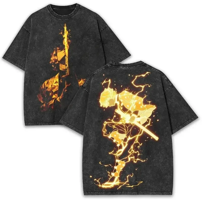 

2026 Hot Sale Demon Slayer Zenitsu Agatsuma T Shirt Vintage Washed Oversized Cotton Graphic Tees Harajuku Streetwear Men Women