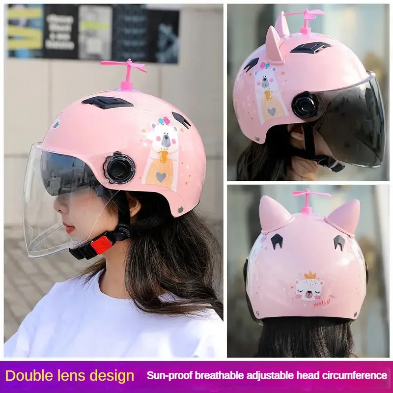 Double Lens Motorcycle Helmet Men and Women Four Seasons Universal Battery Car Light Sunscreen Breathable Cute Hat Half Helmet