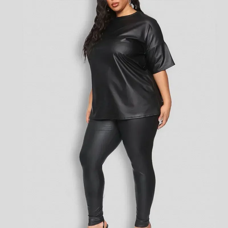 Plus Size Women Black Matte Leather Top Trousers Sets 7XL Casual Loose Mid Sleeve Top Stretch PU Pants Suits 8XL Custom 6XL