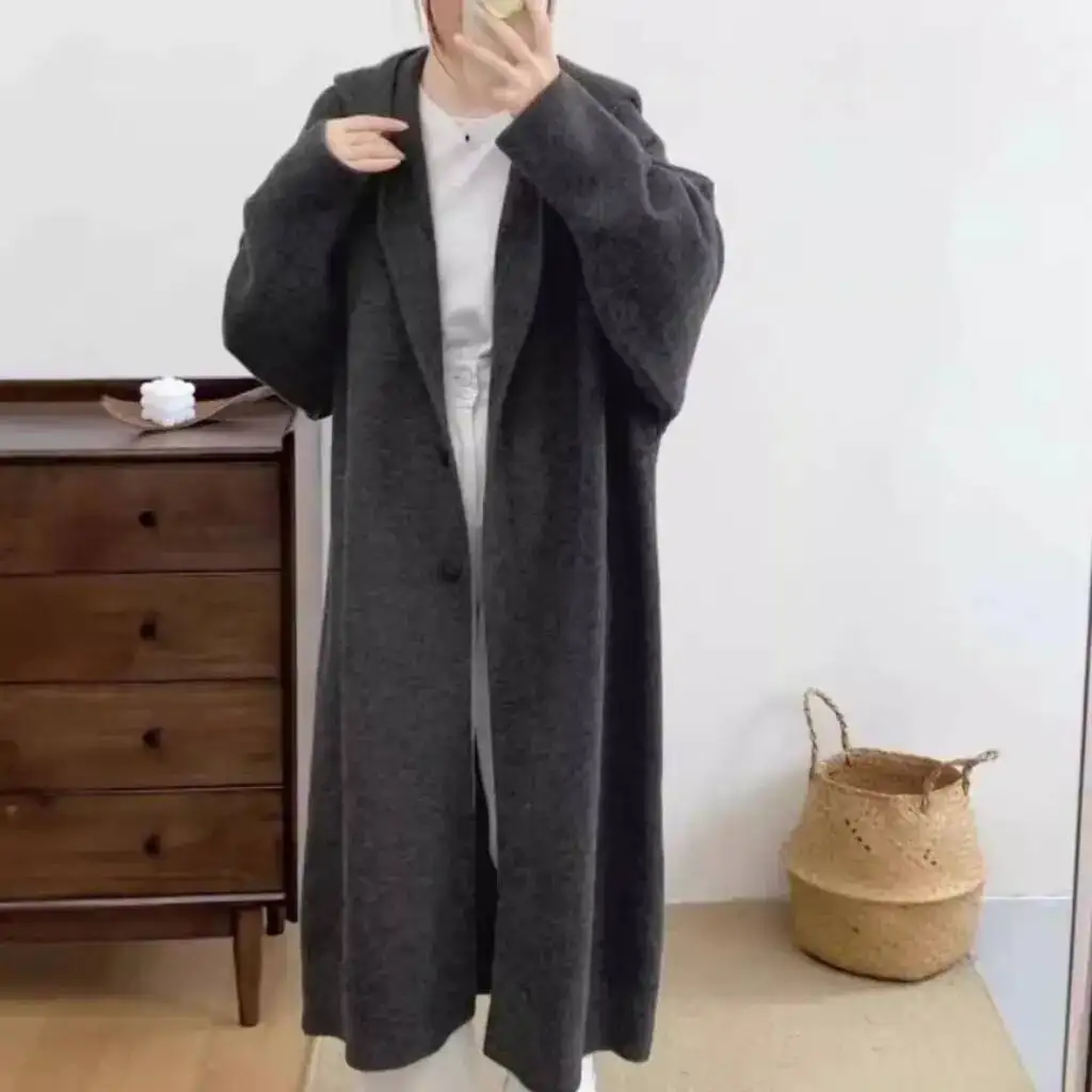 여성용 가을 겨울 후드 달린 롱 니트 가디건 심플한 단색 프렌치 스타일 캐주얼 코트