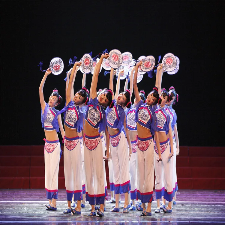 Girls Classical Yangko Dance Costumes Chinese Traditional National Fan Dance Clothing Umbrella Oriental Dancer Wear Stage Show